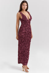Carena Merlot Plunge Floral Appliqué Maxi Dress