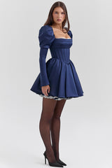 Venetia Midnight Satin Puff Sleeve Mini Dress - SALE