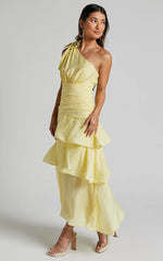 Eugenia Midi Dress One Shoulder Fit and Flare Layered Dress in Yellow