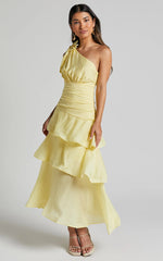 Eugenia Midi Dress One Shoulder Fit and Flare Layered Dress in Yellow