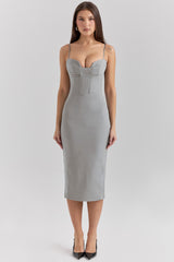 Kiki Light Grey Mesh Panelled Bodycon Midi Dress