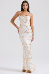 Capriana White & Gold Jacquard Satin Gown