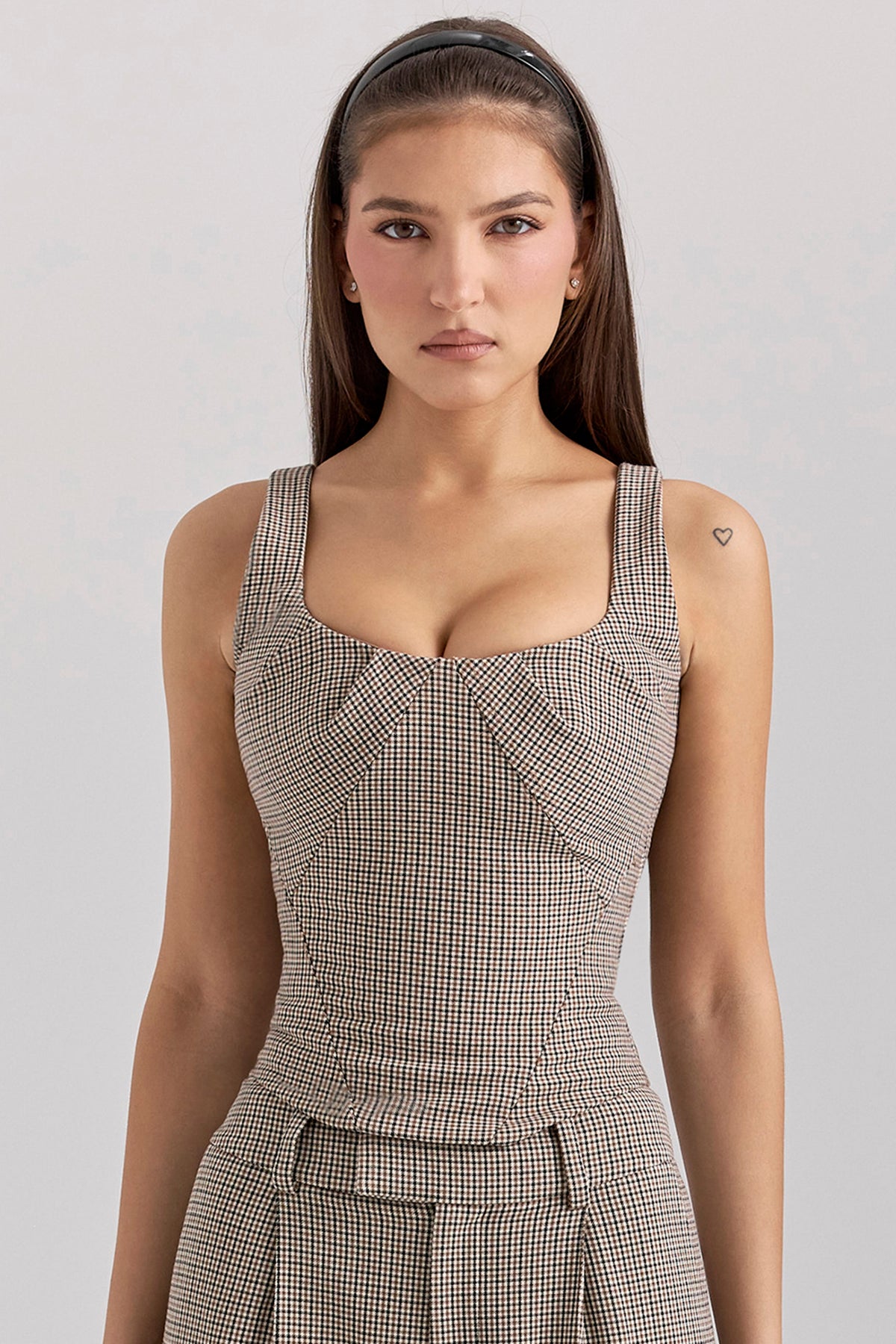 Selma Brown Puppytooth Boned Corset Top