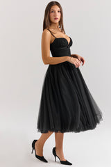 Countess Black Tulle Ruched Bodice Midi Dress - SALE