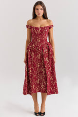Charming Gold and Berry Lace Midi Off Shoulder Dress