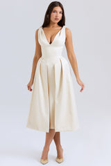 Paloma Vintage Cream Satin Pleated Midi Dress - SALE