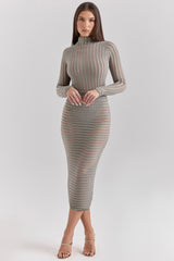 Margo Grey Velour Sheer Striped Midi Skirt