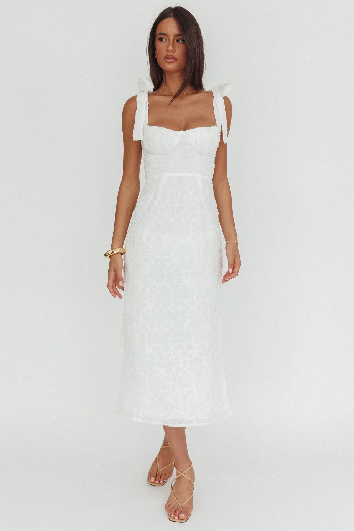 Cupid Tied Shoulder Embellished Midi Dress White