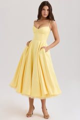 Mademoiselle Sunshine Yellow Satin Tulle Midi Dress