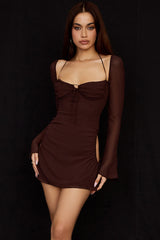 Baby Chocolate Chiffon Cutout Halter Mini Dress