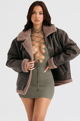 Madden Army Green Vegan Shearling Aviator Jacket