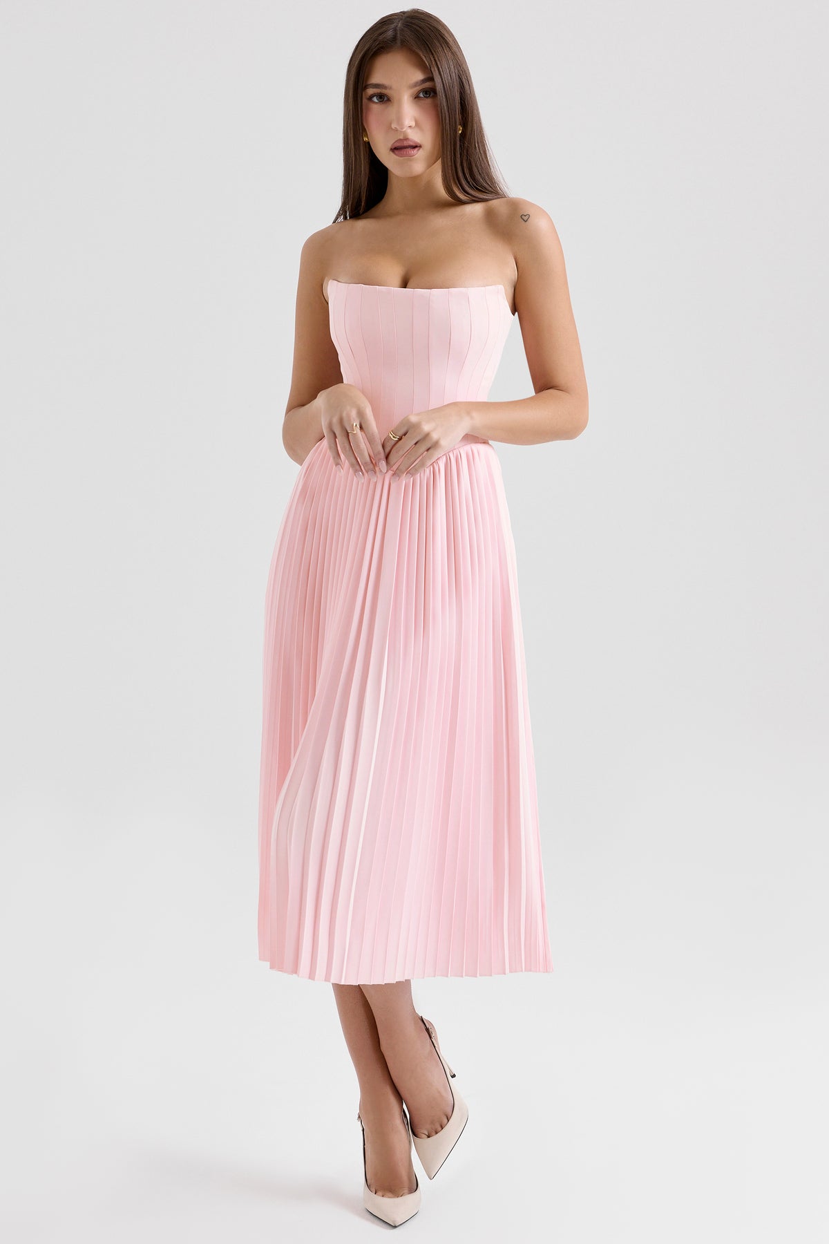 Marci Pink Pleated Midi Corset Dress