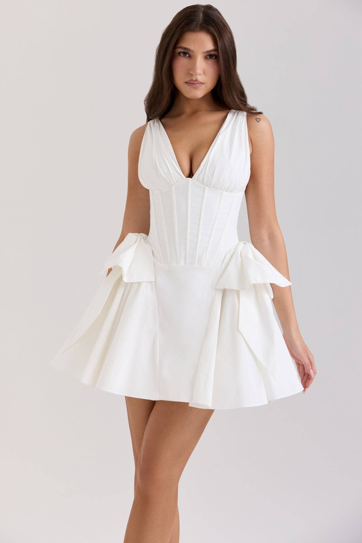 Amalia White Stretch Cotton Bow Mini Dress
