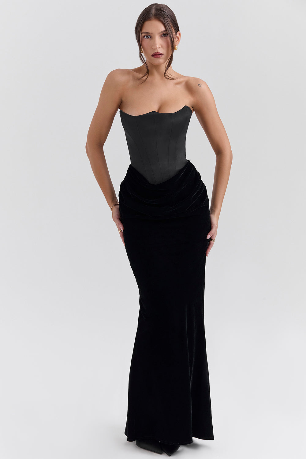 Persephone Black Velvet Strapless Corset Maxi Dress