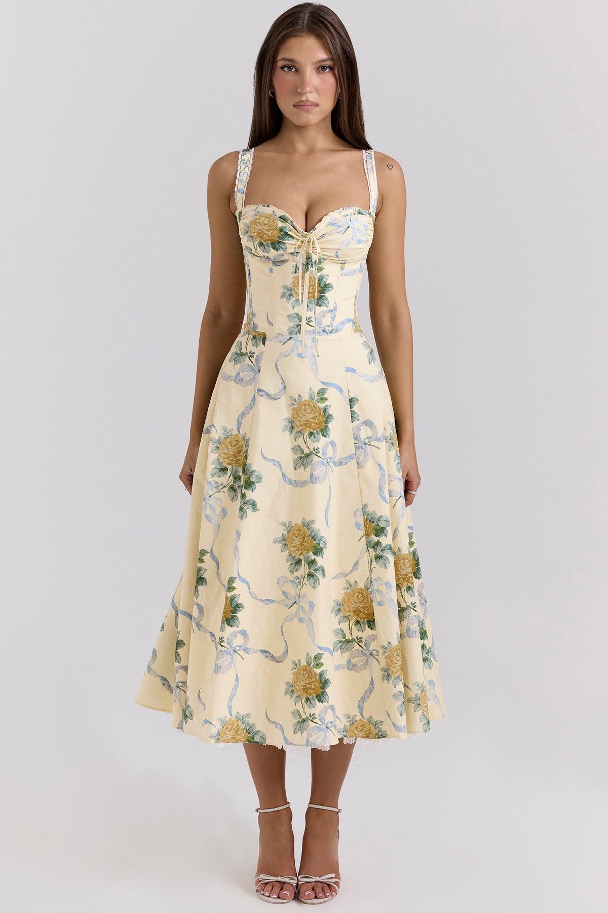 Rosalee Lemon Vintage Ribbon Print Cotton Midi Dress