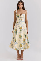 Rosalee Lemon Vintage Ribbon Print Cotton Midi Dress