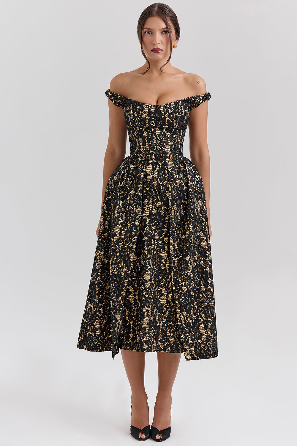 Charming Black Gold Lace Off Shoulder Midi Gown