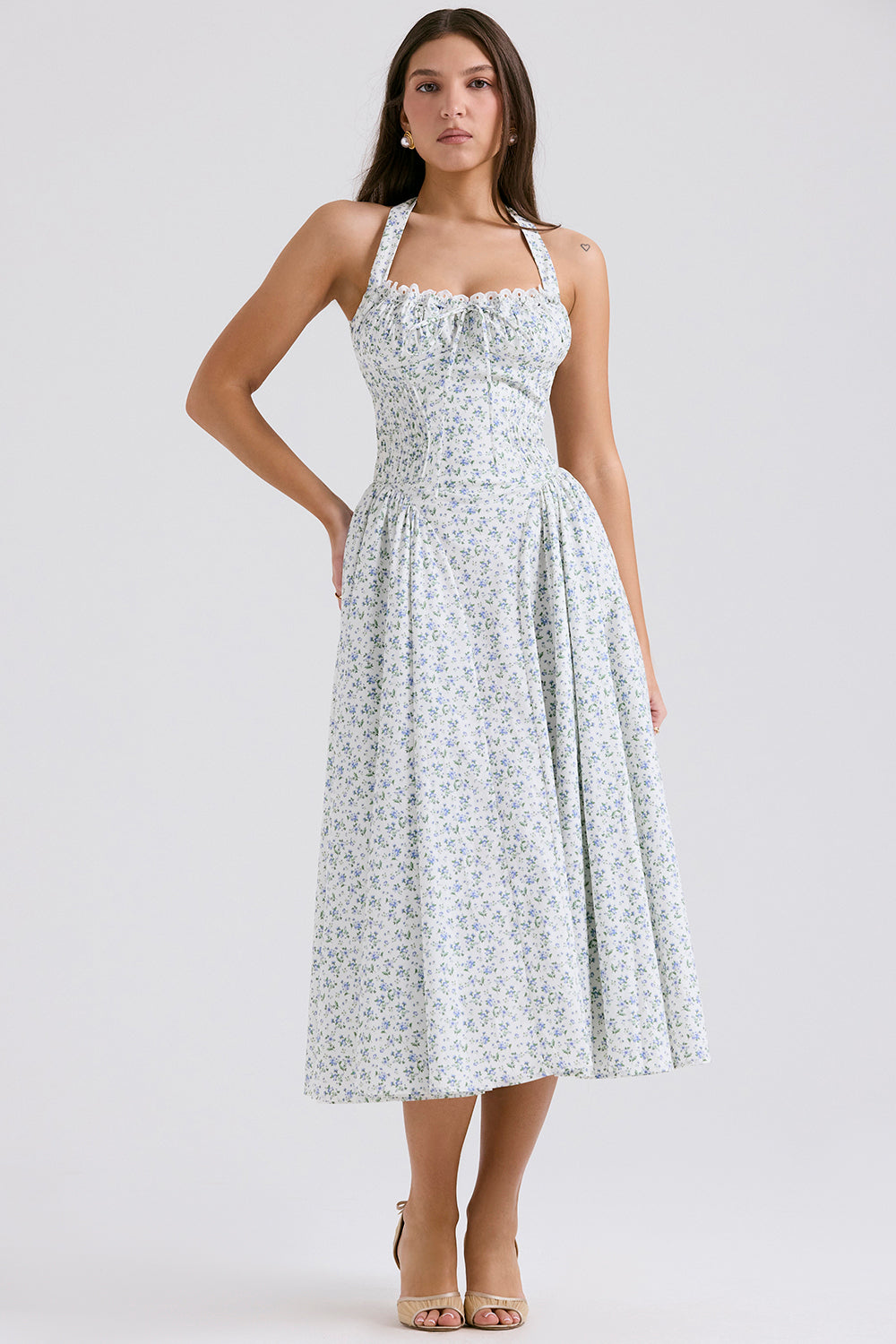 Adabella White Bluebell Print Cotton Halter Sundress