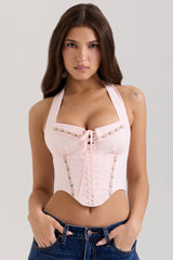 Demi Pink Floral Embroidered Stretch Cotton Corset Top