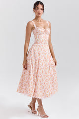 Rosalee Peach Poppy Print Cotton Bustier Sundress