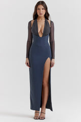 Evangelina Slate Plunge Maxi Dress