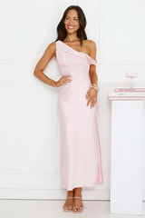 Stylish Season Off Shoulder Satin Midi Dress Pink